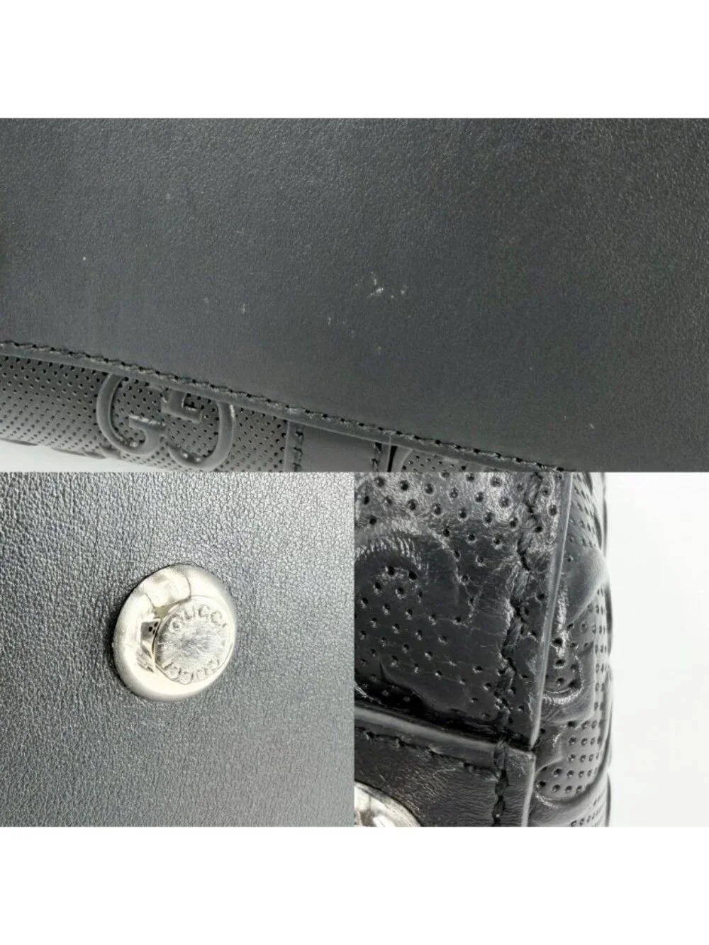 Gucci Tote GG Embossed Handbag Shoulder Leather Black Silver